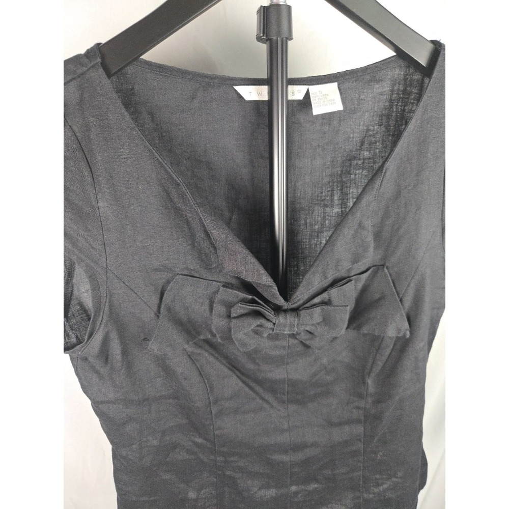 100% Linen Cap Sleeve Black Tie Front Top Sz S Artsy Boho Minimal Classic Twee